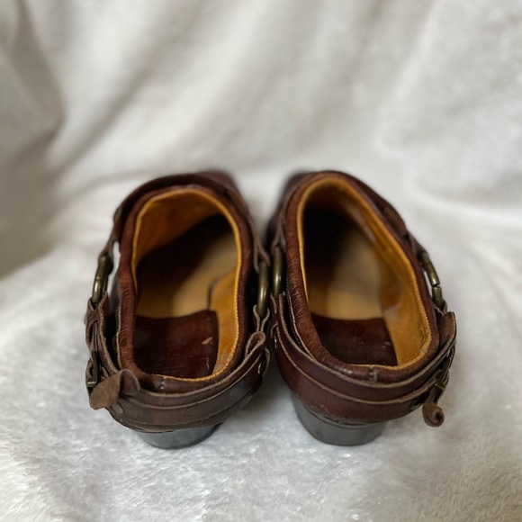 Frye Belted Harness Women Shoes Brown Leather Riding Motorcycle Mules Clogs - Picture 4 of 8